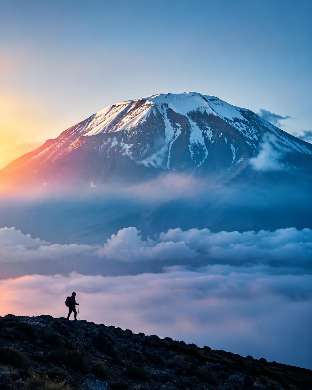 Sunrise over the snow-capped peak of Mount Kilimanjaro with a lone trekker on the ridge
